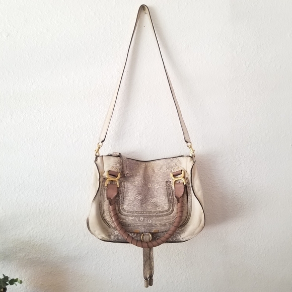 Chloe Marcie Medium Lizard Embossed Satchel Handbag Crossbody Bag - Picture 11 of 17